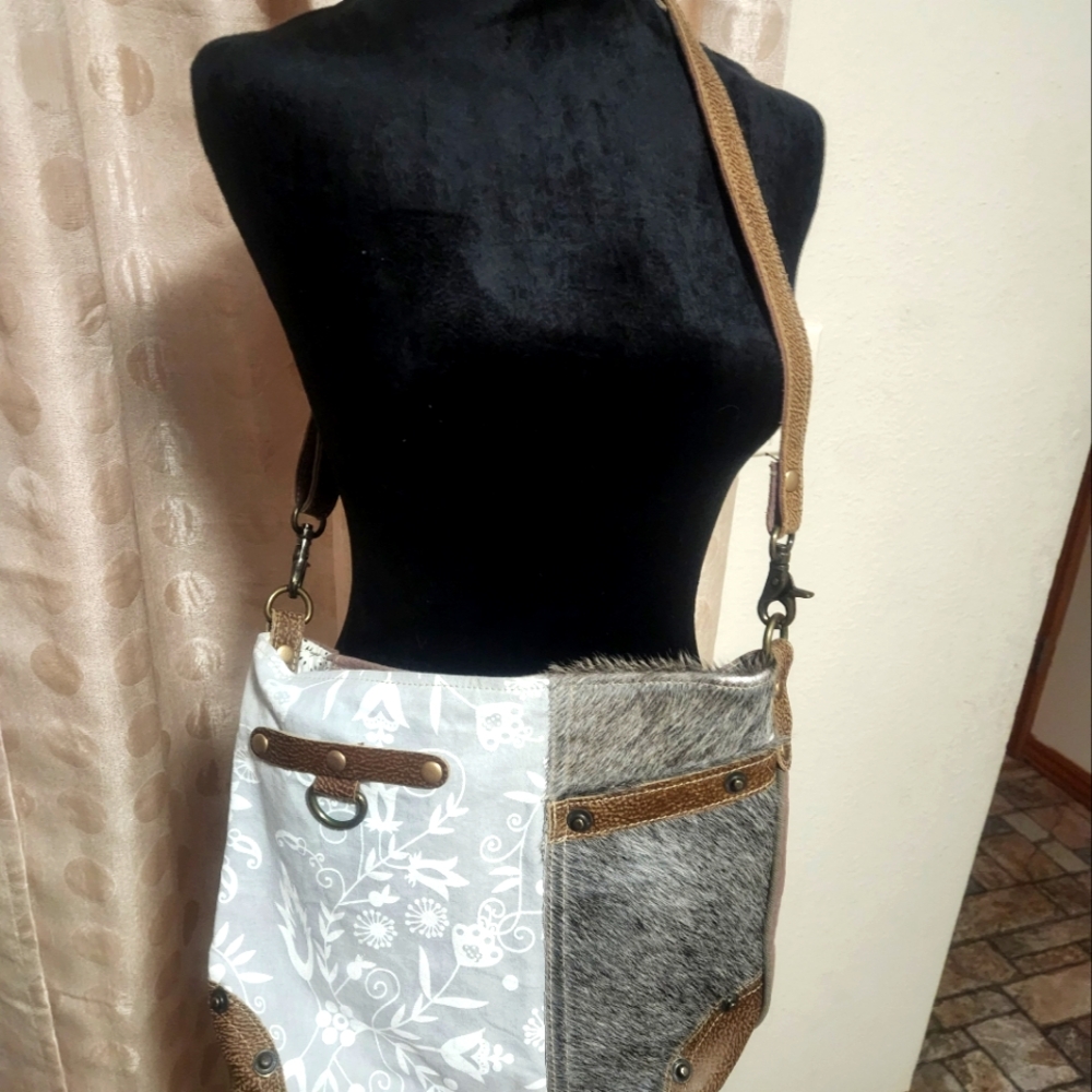 Myra Bag Crossbody White Floral and Gray Leather Hide And Cloth with Tan Accents